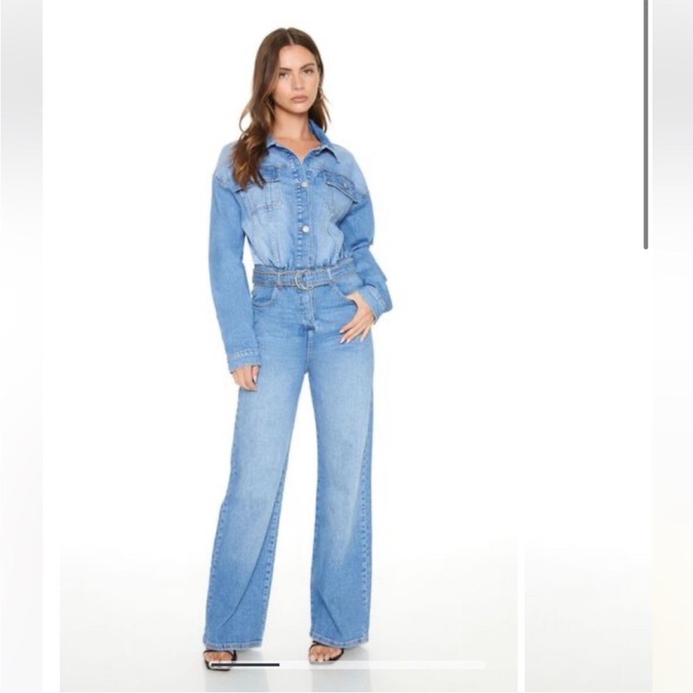 Belted Wide-Leg Denim Jumpsuit